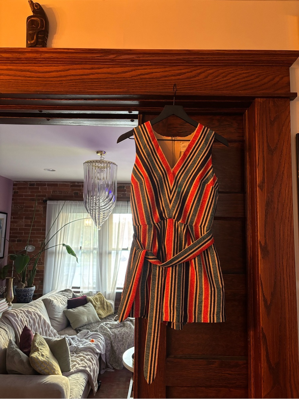 Striped V-Neck Belted Mini Romper - Multicolor